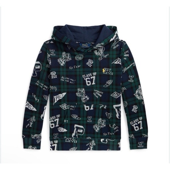 Polo Ralph Lauren Other - Polo Ralph Lauren Boys Navy Plaid Fleece Graphic Hoodie Size 5 NWT 125$